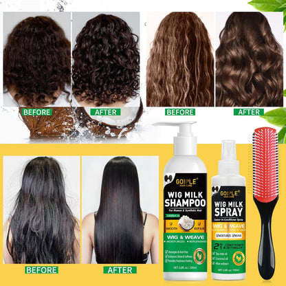 Goiple Wig Shampoo for Synthetic Wigs & Wig Milk Spray for Synthetic Hair - Detangle, Anti-Frizz, Hydrate & Moisturize - Includes Detangler Brush (2.27 Fl Oz, Pack of 3)