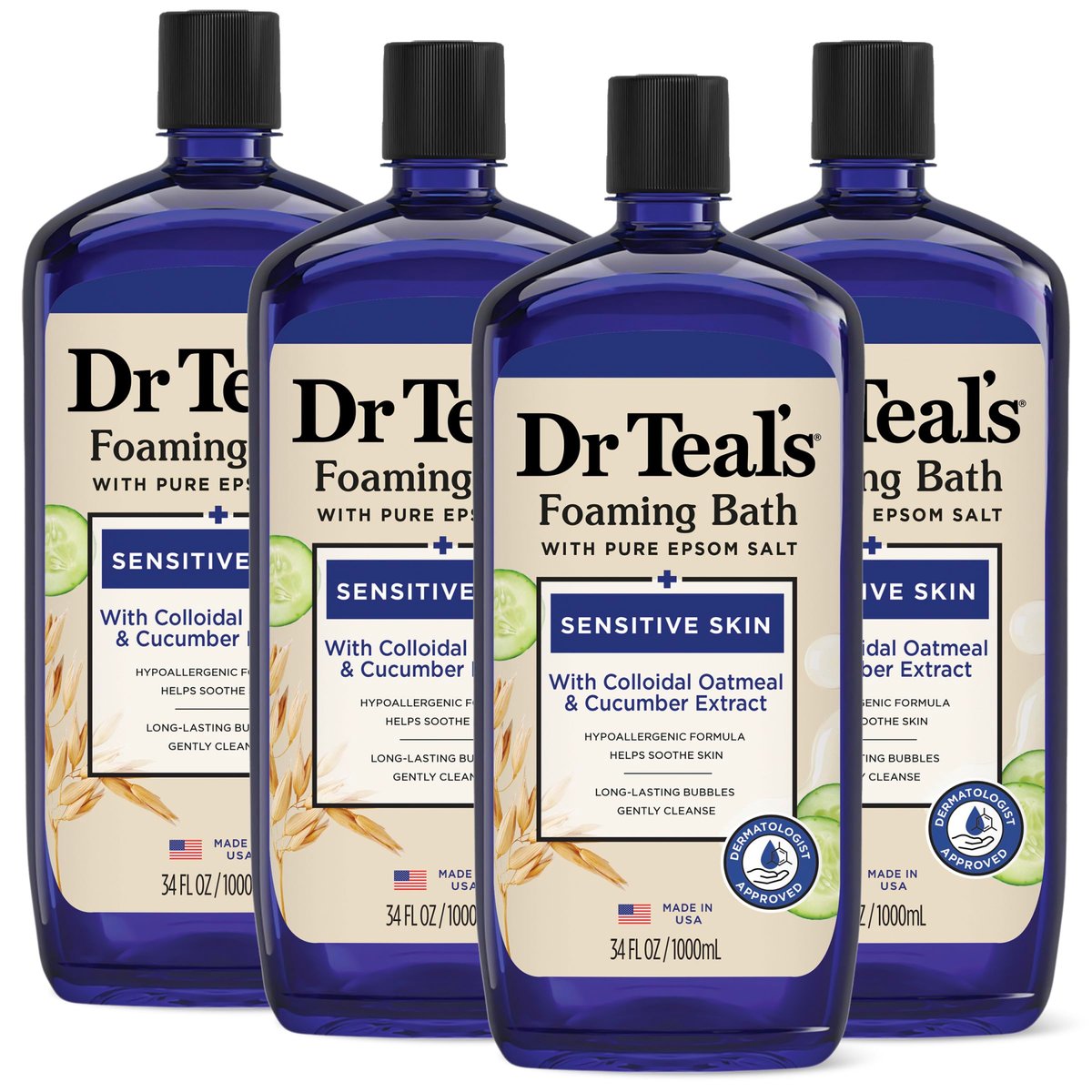 Dr Teal's Foaming Bath with Pure Epsom Salt, Sensitive Skin with Colloidal Oatmeal & Cucumber, 34 fl oz (Pack of 4) - görsel 1
