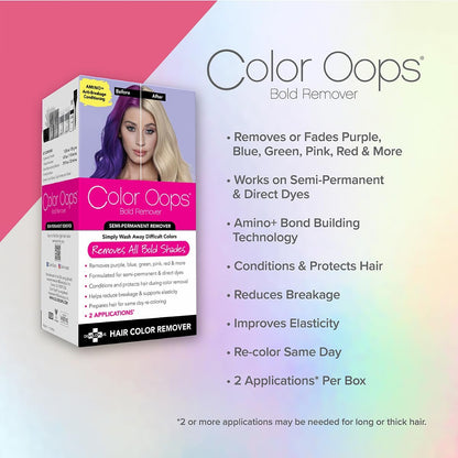 Color Oops Bold Remover for Hair Dye - Safely Removes Direct Dyes & Semi-Permanent Color - 2 Applications - Vegan & Cruelty-Free