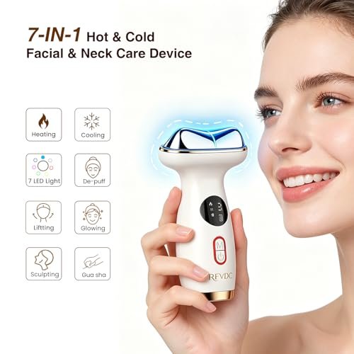 RFVDC Cold Heat Gua Sha Facial Neck Lymphatic Massager - 7-in-1 LED Red Light Face Depuffer Sculpting Tool, Hot Electric Gua Sha Lift Device & Cooling Depuffing Wand for Contouring, Firming Avelisse