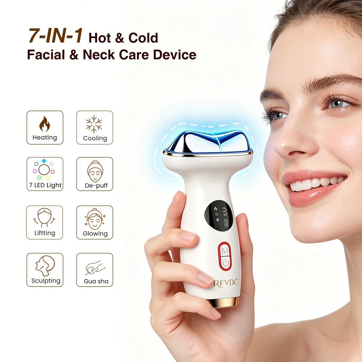 RFVDC Cold Heat Gua Sha Facial Neck Lymphatic Massager - 7-in-1 LED Red Light Face Depuffer Sculpting Tool, Hot Electric Gua Sha Lift Device & Cooling Depuffing Wand for Contouring, Firming Avelisse
