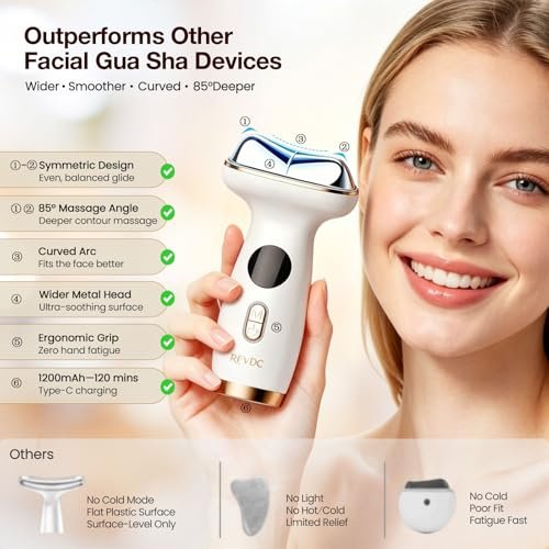 RFVDC Cold Heat Gua Sha Facial Neck Lymphatic Massager - 7-in-1 LED Red Light Face Depuffer Sculpting Tool, Hot Electric Gua Sha Lift Device & Cooling Depuffing Wand for Contouring, Firming Avelisse