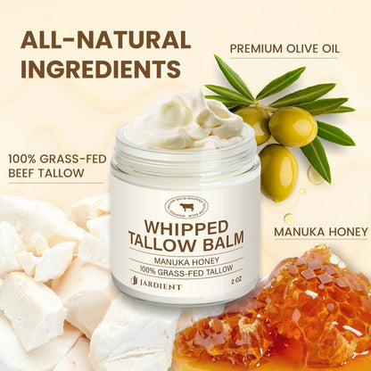 Jardient Beef Tallow Honey Balm for Skin: 100% Grass-Fed Beef Tallow Moisturizer for Face and Body - Organic Moisturizer Cream with Olive Oil & Manuka Honey for Eczema and Dry Skin (2 oz) Avelisse