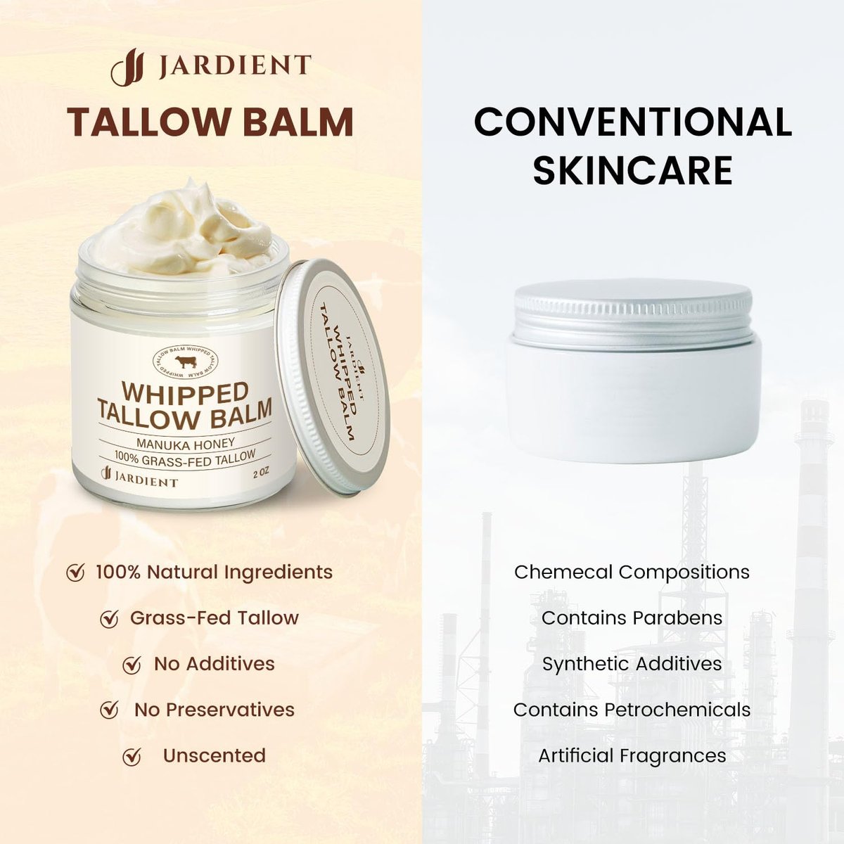 Jardient Beef Tallow Honey Balm for Skin: 100% Grass-Fed Beef Tallow Moisturizer for Face and Body - Organic Moisturizer Cream with Olive Oil & Manuka Honey for Eczema and Dry Skin (2 oz) Avelisse