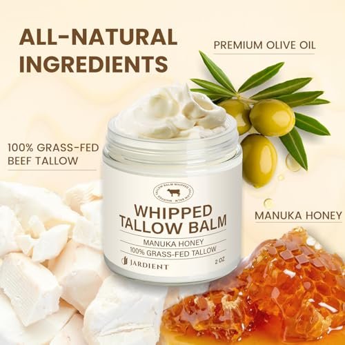 Jardient Beef Tallow Honey Balm for Skin: 100% Grass-Fed Beef Tallow Moisturizer for Face and Body - Organic Moisturizer Cream with Olive Oil & Manuka Honey for Eczema and Dry Skin (2 oz) Avelisse