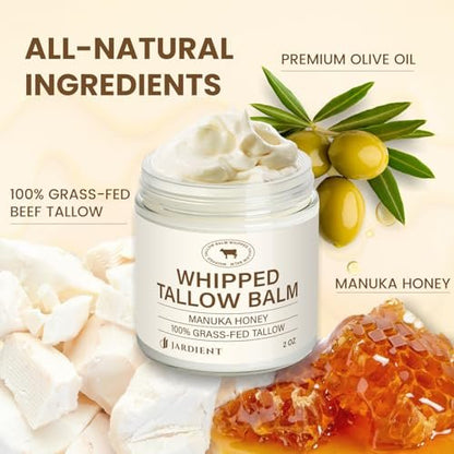 Jardient Beef Tallow Honey Balm for Skin: 100% Grass-Fed Beef Tallow Moisturizer for Face and Body - Organic Moisturizer Cream with Olive Oil & Manuka Honey for Eczema and Dry Skin (2 oz) Avelisse