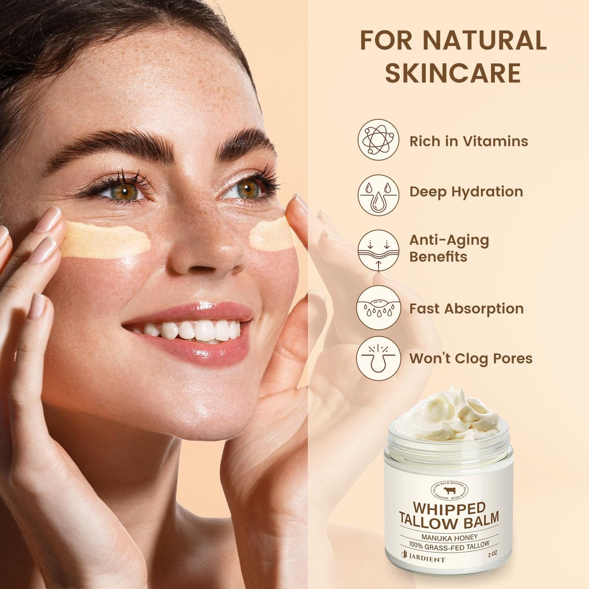 Jardient Beef Tallow Honey Balm for Skin: 100% Grass-Fed Beef Tallow Moisturizer for Face and Body - Organic Moisturizer Cream with Olive Oil & Manuka Honey for Eczema and Dry Skin (2 oz) Avelisse