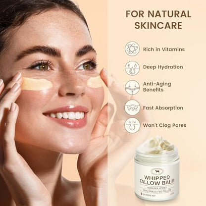 Jardient Beef Tallow Honey Balm for Skin: 100% Grass-Fed Beef Tallow Moisturizer for Face and Body - Organic Moisturizer Cream with Olive Oil & Manuka Honey for Eczema and Dry Skin (2 oz) Avelisse