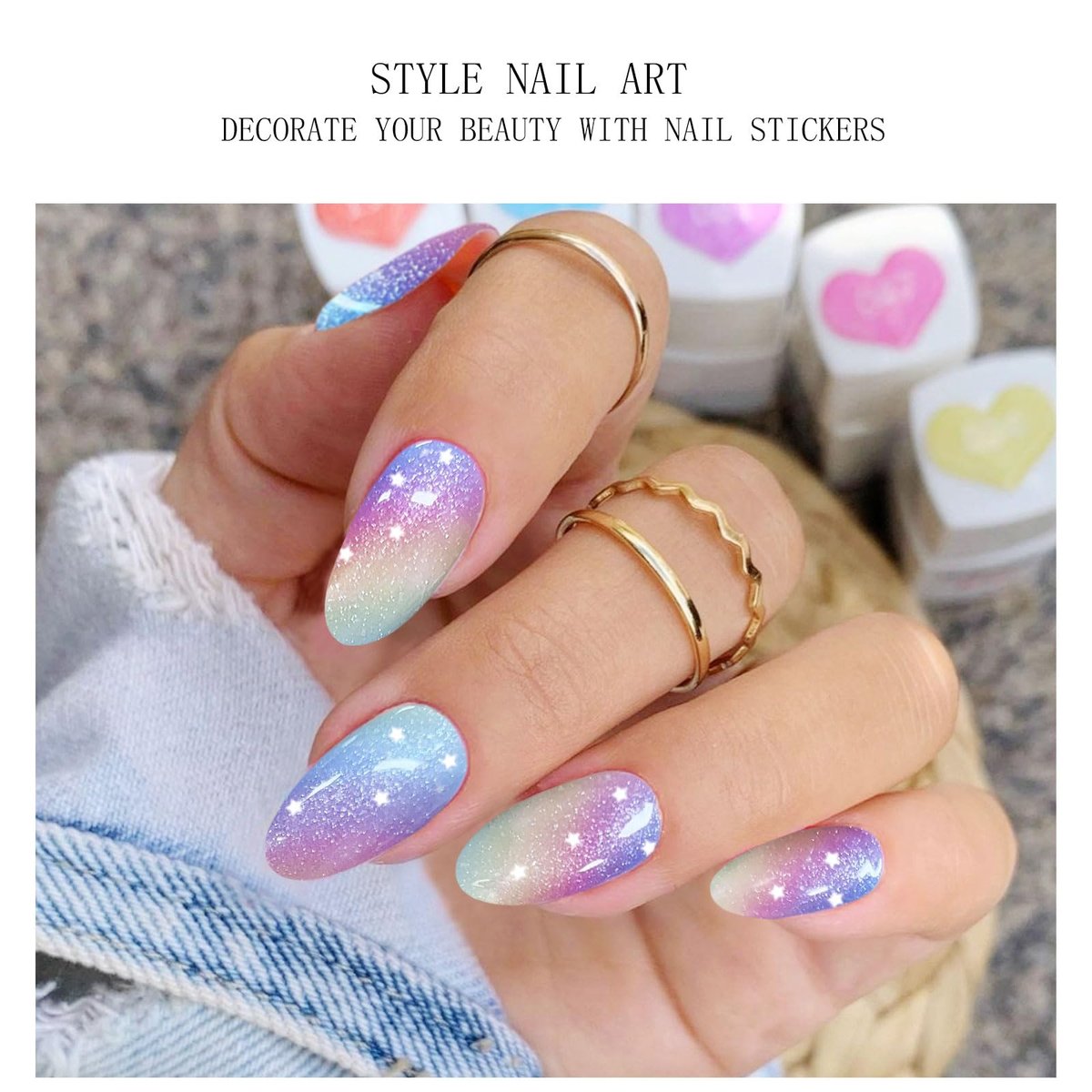 JMEOWIO Rainbow Glitter Semi-Cured Gel Nail Strips – UV/LED Nail Art Stickers - görsel 5