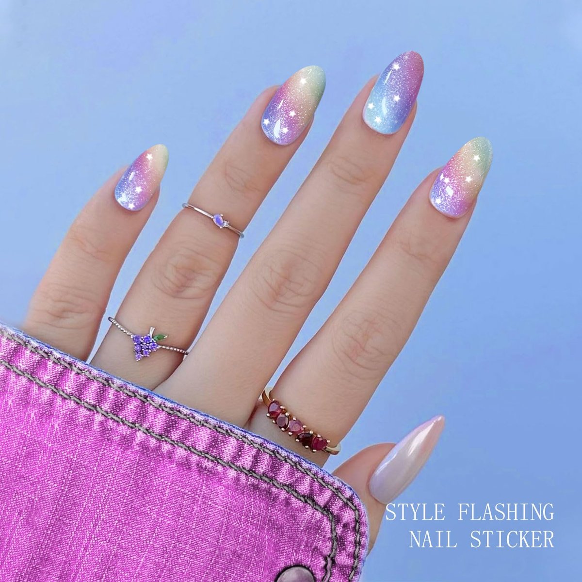 JMEOWIO Rainbow Glitter Semi-Cured Gel Nail Strips – UV/LED Nail Art Stickers - görsel 7