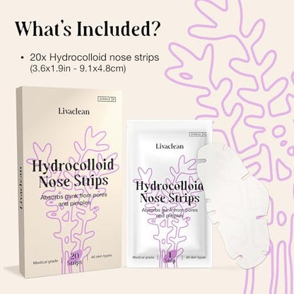 LivaClean 20 CT Nose Pore Strips – Hydrocolloid Nose Pimple Patch & Pore Cleansing Strips for Blackheads, Oil & Clogged Pores – Acne Treatment for Face & Skin Care