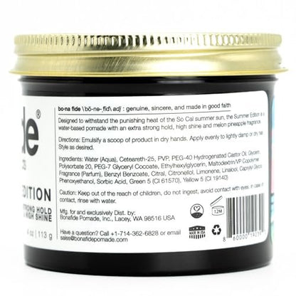 Bona Fide Pomade Summer Edition - Extra-Strong Hold, High Shine, Water-Based, Pineapple Melon Scent, 4 oz Avelisse