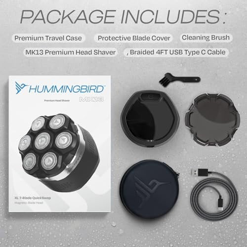 HUMMINGBIRD MK13 Premium Head Shaver for Men - 7 Blade Electric Razor, Cordless USB-C Rechargeable, Wet & Dry, LED Display, Travel Case Avelisse