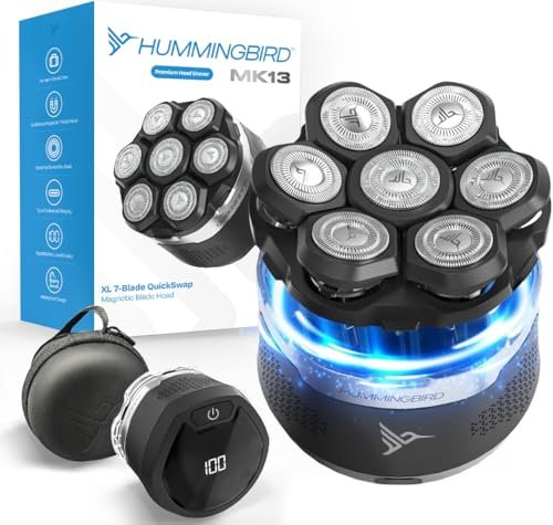 HUMMINGBIRD MK13 Premium Head Shaver for Men - 7 Blade Electric Razor, Cordless USB-C Rechargeable, Wet & Dry, LED Display, Travel Case Avelisse