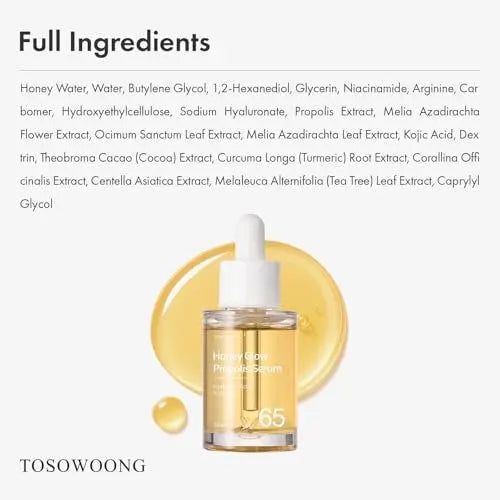 TOSOWOONG Honey Glow 65% Propolis Serum with Hyaluronic Acid, Kojic Acid, Niacinamide – Hydrating & Soothing Facial Serum for Uneven Skin Tone, Glass Skin, Korean Skincare, 33ml Avelisse