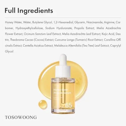 TOSOWOONG Honey Glow 65% Propolis Serum with Hyaluronic Acid, Kojic Acid, Niacinamide – Hydrating & Soothing Facial Serum for Uneven Skin Tone, Glass Skin, Korean Skincare, 33ml Avelisse