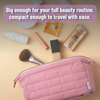 Ms. Pen Aesthetic Quilted Makeup Bag for Women - Pink Puffy Padded Cosmetic Pouch
