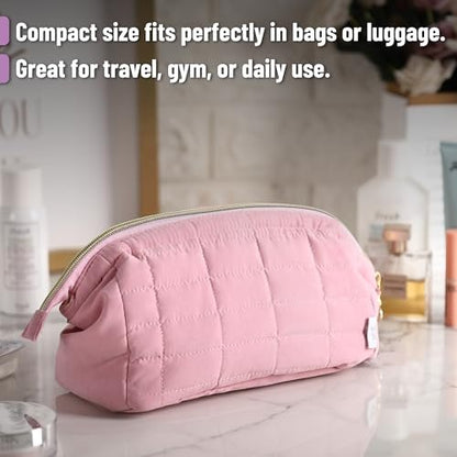 Ms. Pen Aesthetic Quilted Makeup Bag for Women - Pink Puffy Padded Cosmetic Pouch