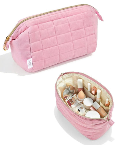 Ms. Pen Aesthetic Quilted Makeup Bag for Women - Pink Puffy Padded Cosmetic Pouch