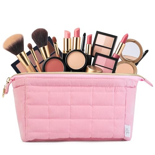Ms. Pen Aesthetic Quilted Makeup Bag for Women - Pink Puffy Padded Cosmetic Pouch - görsel 16