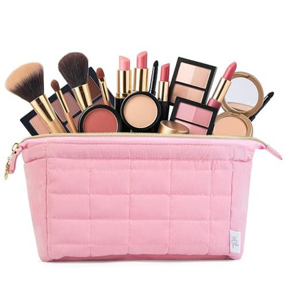 Ms. Pen Aesthetic Quilted Makeup Bag for Women - Pink Puffy Padded Cosmetic Pouch