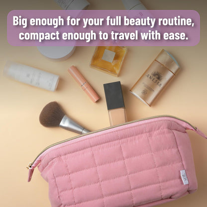 Ms. Pen Aesthetic Quilted Makeup Bag for Women - Pink Puffy Padded Cosmetic Pouch