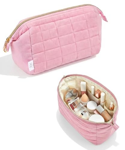 Ms. Pen Aesthetic Quilted Makeup Bag for Women - Pink Puffy Padded Cosmetic Pouch - görsel 2