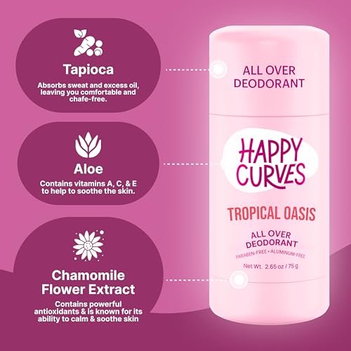 HAPPY CURVES All Over Whole Body Deodorant for Women - Aluminum-Free, Invisible Full Body Odor Control, Sensitive Skin Safe, Tropical Oasis Scent, 2.65 oz Avelisse
