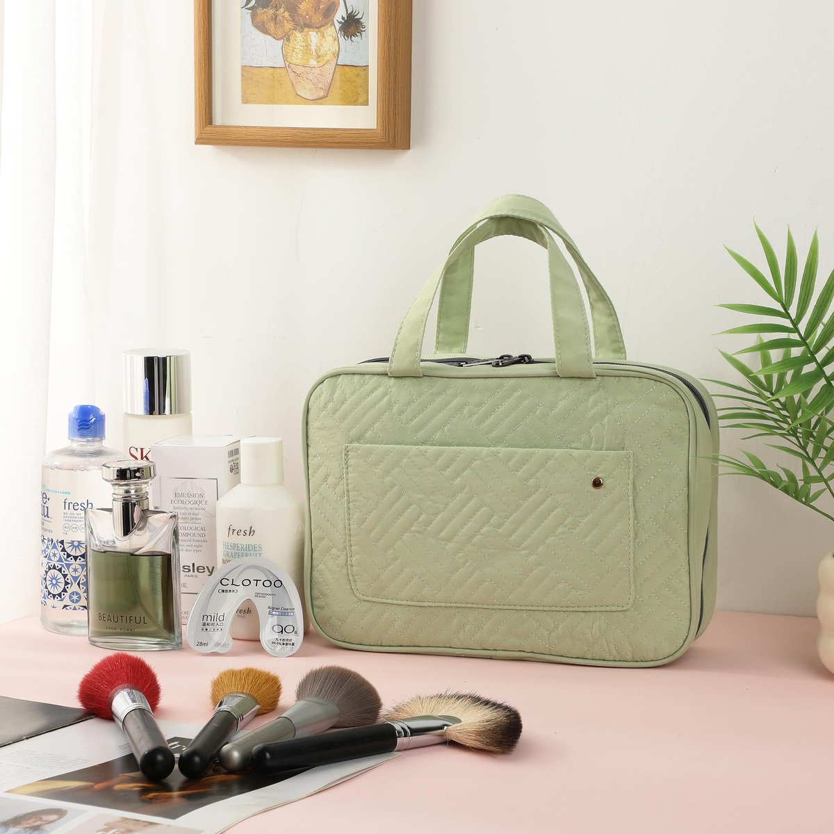 Ms. Pen Travel Toiletry Bag Organizer - Pistachio Green, Water-Resistant Hanging Makeup Bag - görsel 15
