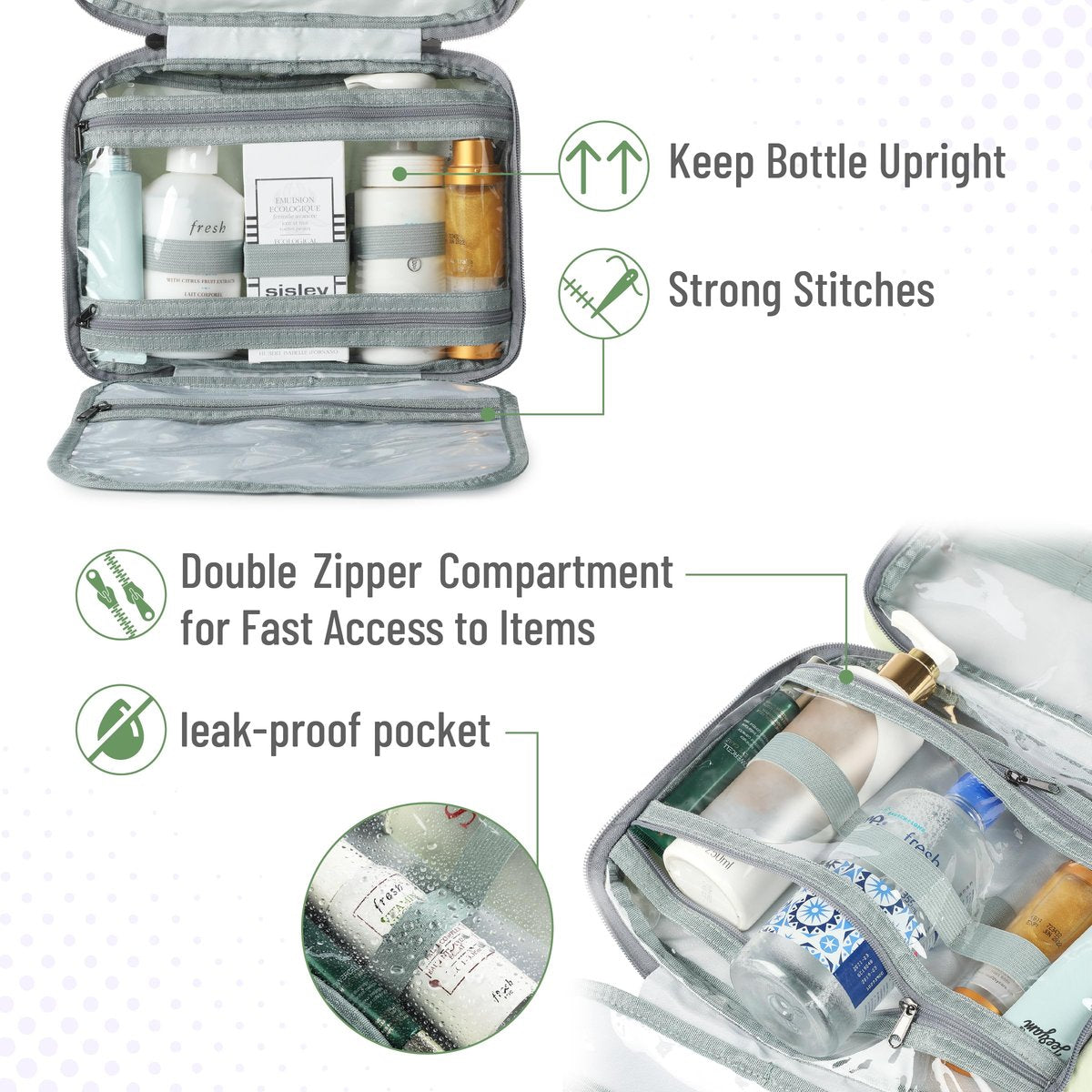 Ms. Pen Travel Toiletry Bag Organizer - Pistachio Green, Water-Resistant Hanging Makeup Bag - görsel 11