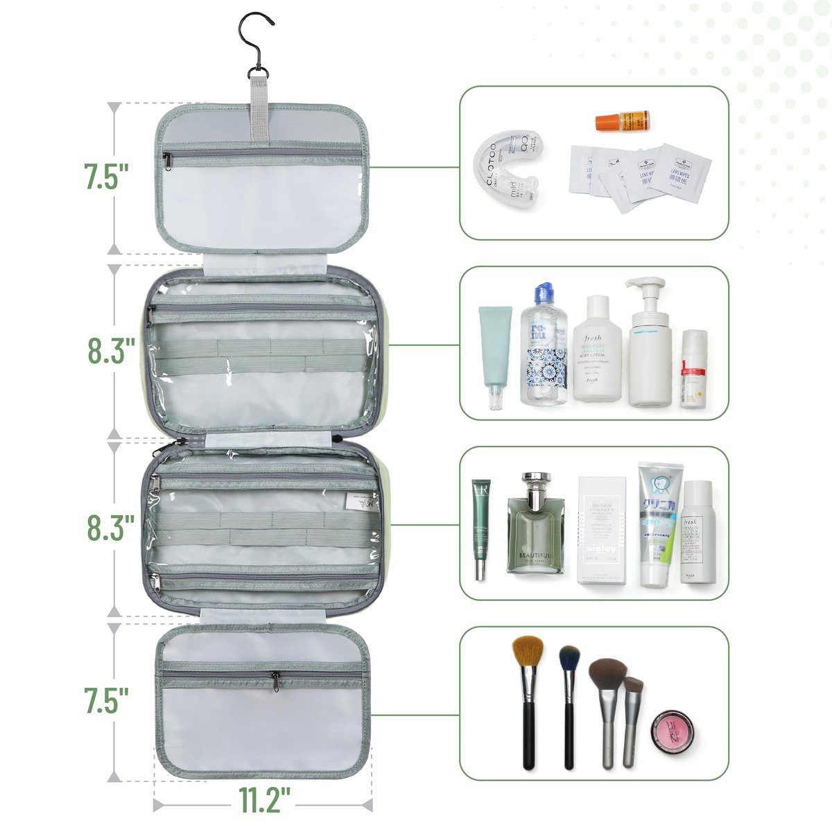 Ms. Pen Travel Toiletry Bag Organizer - Pistachio Green, Water-Resistant Hanging Makeup Bag - görsel 5