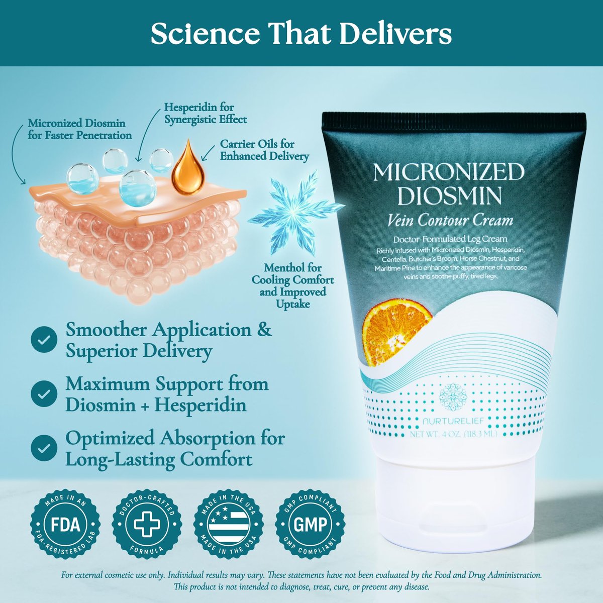 Nurturelief Micronized Diosmin Vein Contour Cream with Hesperidin - Cooling Comfort Formula, Doctor-Crafted Advanced Absorption, Daily Cosmetic Care for Lighter-Feeling Legs (4 oz) Avelisse