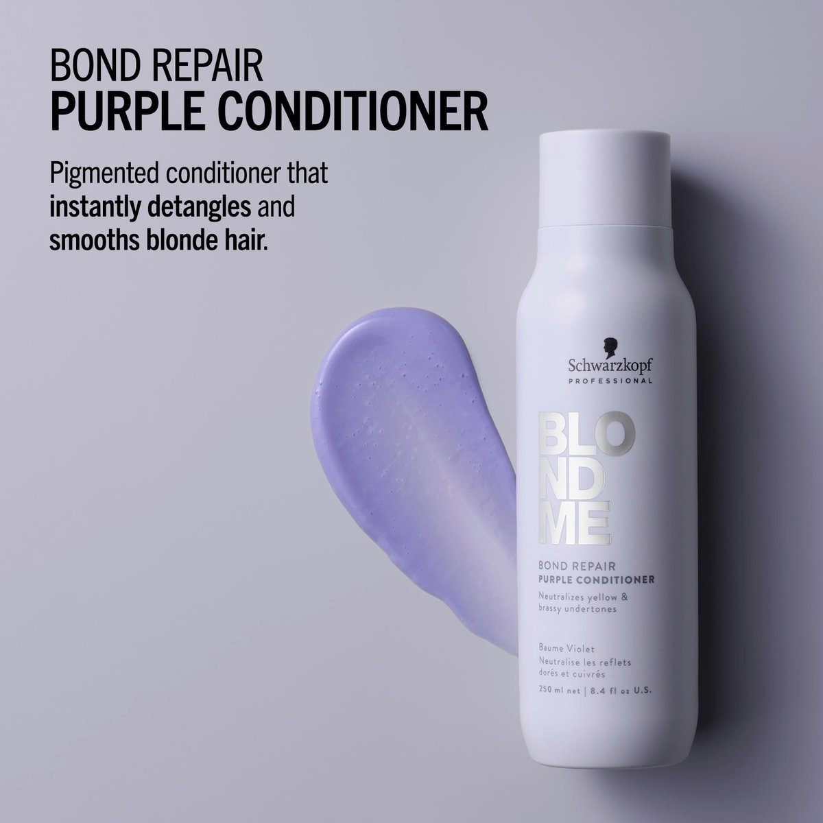 BlondMe Bond Repair Purple Conditioner for Blonde Hair - Neutralizes Yellow & Brassy Tones - Lightweight, Nourishing & Detangling - 8.45 Fl Oz Avelisse