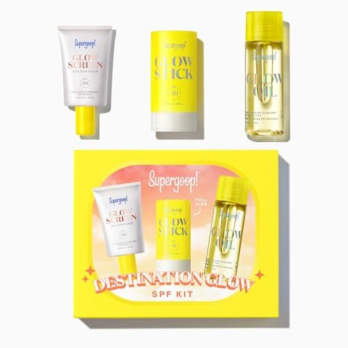 Supergoop! Destination Glow: Travel-Sized SPF Favorites Set - Glowscreen SPF 40, Glow Stick SPF 50, Glow Oil SPF 50 Avelisse