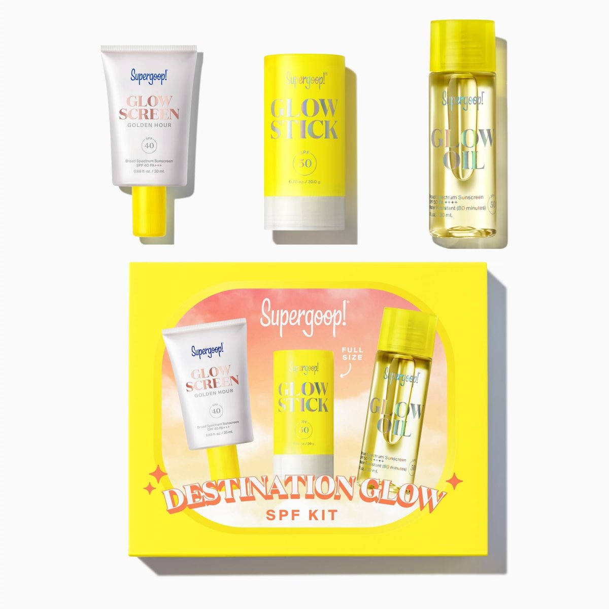Supergoop! Destination Glow: Travel-Sized SPF Favorites Set - Glowscreen SPF 40, Glow Stick SPF 50, Glow Oil SPF 50 Avelisse