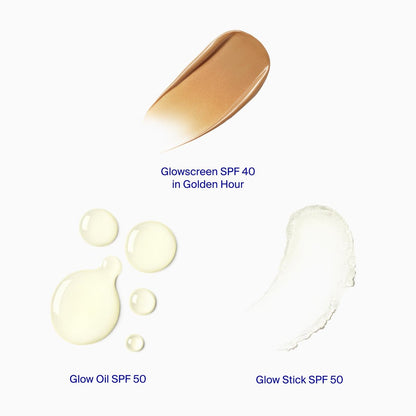 Supergoop! Destination Glow: Travel-Sized SPF Favorites Set - Glowscreen SPF 40, Glow Stick SPF 50, Glow Oil SPF 50 Avelisse