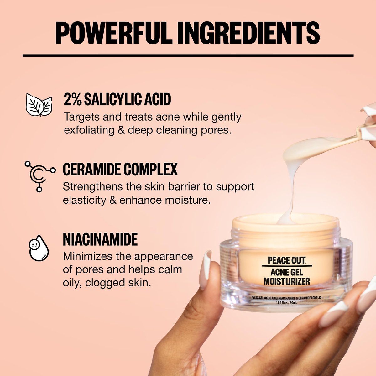 PEACE OUT Acne Gel Moisturizer for Oily Skin - 2% Salicylic Acid, Niacinamide & Ceramides, 1.69 oz Avelisse