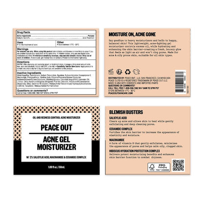 PEACE OUT Acne Gel Moisturizer for Oily Skin - 2% Salicylic Acid, Niacinamide & Ceramides, 1.69 oz Avelisse