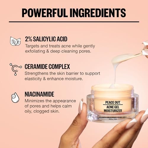 PEACE OUT Acne Gel Moisturizer for Oily Skin - 2% Salicylic Acid, Niacinamide & Ceramides, 1.69 oz Avelisse
