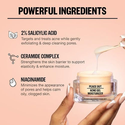 PEACE OUT Acne Gel Moisturizer for Oily Skin - 2% Salicylic Acid, Niacinamide & Ceramides, 1.69 oz Avelisse