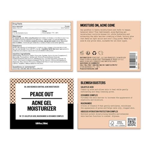 PEACE OUT Acne Gel Moisturizer for Oily Skin - 2% Salicylic Acid, Niacinamide & Ceramides, 1.69 oz Avelisse