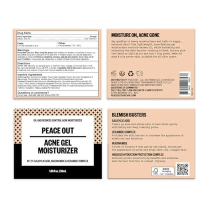 PEACE OUT Acne Gel Moisturizer for Oily Skin - 2% Salicylic Acid, Niacinamide & Ceramides, 1.69 oz Avelisse