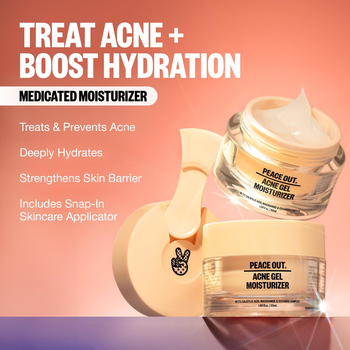 PEACE OUT Acne Gel Moisturizer for Oily Skin - 2% Salicylic Acid, Niacinamide & Ceramides, 1.69 oz Avelisse