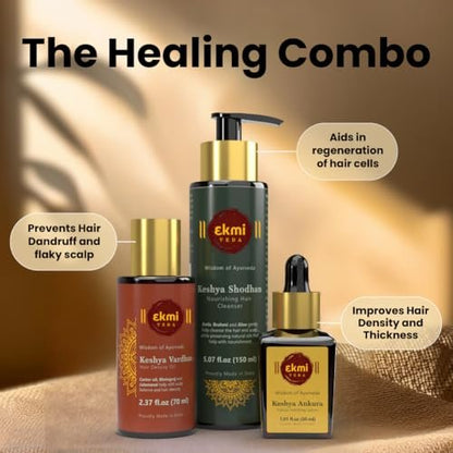 EKMIVEDA Hair Growth Set - Ayurvedic Bhringraj, Castor, Amla & Rosemary - Sulfate Free Hair Thickening Products - Oil, Shampoo & Redensyl Serum (Pack of 3, 8.45 Fl Oz) Avelisse