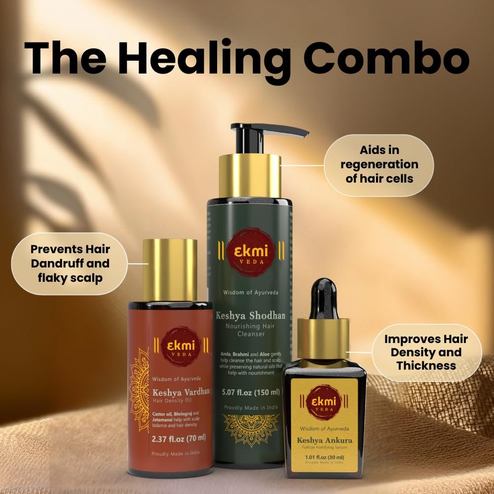 EKMIVEDA Hair Growth Set - Ayurvedic Bhringraj, Castor, Amla & Rosemary - Sulfate Free Hair Thickening Products - Oil, Shampoo & Redensyl Serum (Pack of 3, 8.45 Fl Oz) Avelisse