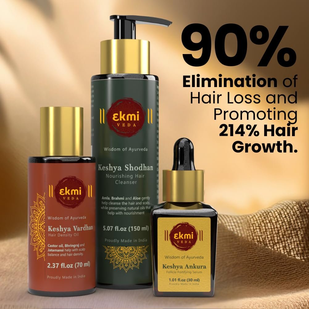 EKMIVEDA Hair Growth Set - Ayurvedic Bhringraj, Castor, Amla & Rosemary - Sulfate Free Hair Thickening Products - Oil, Shampoo & Redensyl Serum (Pack of 3, 8.45 Fl Oz) Avelisse