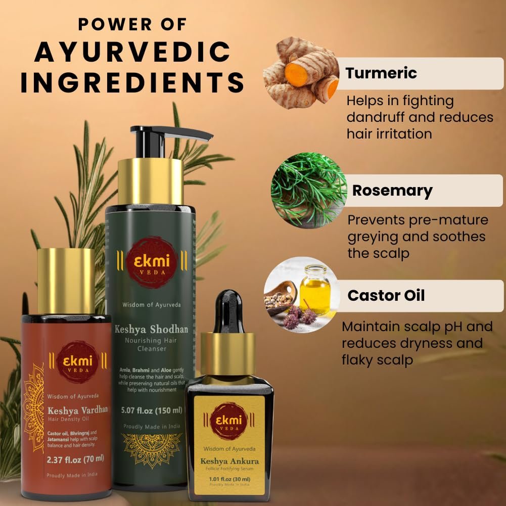 EKMIVEDA Hair Growth Set - Ayurvedic Bhringraj, Castor, Amla & Rosemary - Sulfate Free Hair Thickening Products - Oil, Shampoo & Redensyl Serum (Pack of 3, 8.45 Fl Oz) Avelisse