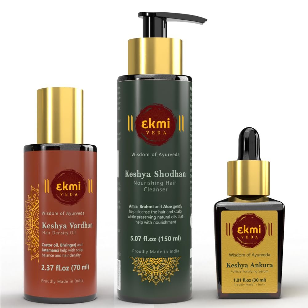 EKMIVEDA Hair Growth Set - Ayurvedic Bhringraj, Castor, Amla & Rosemary - Sulfate Free Hair Thickening Products - Oil, Shampoo & Redensyl Serum (Pack of 3, 8.45 Fl Oz) Avelisse