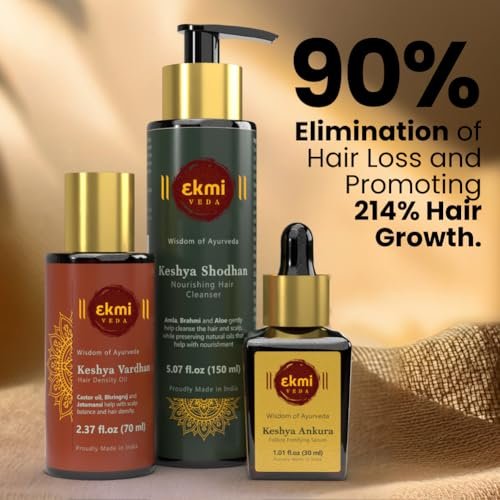 EKMIVEDA Hair Growth Set - Ayurvedic Bhringraj, Castor, Amla & Rosemary - Sulfate Free Hair Thickening Products - Oil, Shampoo & Redensyl Serum (Pack of 3, 8.45 Fl Oz) Avelisse