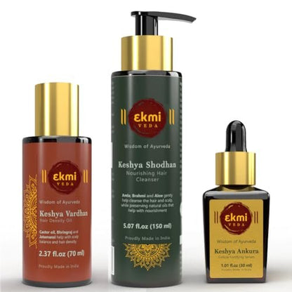 EKMIVEDA Hair Growth Set - Ayurvedic Bhringraj, Castor, Amla & Rosemary - Sulfate Free Hair Thickening Products - Oil, Shampoo & Redensyl Serum (Pack of 3, 8.45 Fl Oz) Avelisse